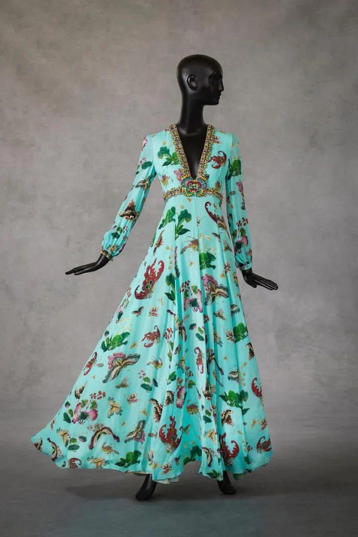 A butterfly print gown that was worn by Kareena Kapoor. Photo: Courtesy of Asian Civilisations Museum, photographed by Lenne Chai