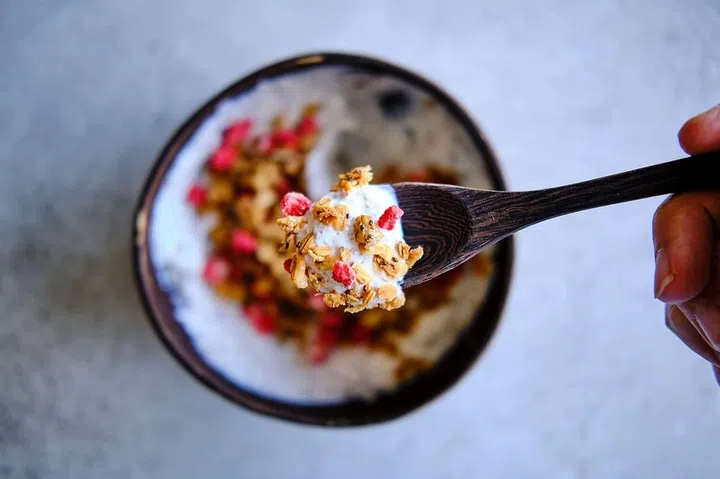 Strawberry granola with yoghurt, healthy snack