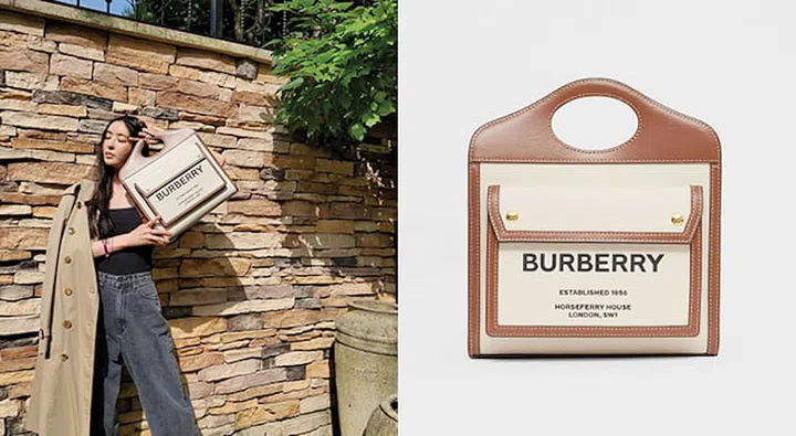 Lee Da-hee carrying the Burberry Medium Two-tone Canvas and Leather Pocket Bag, $2,390