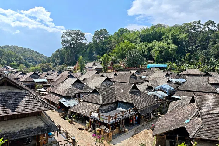 Nuogan Ancient Village, a traditional ancient Dai village located in the UNESCO World Heritage Jingmai Mountain Ancient Tea Forest area, Pu'er, Yunnan, China. The domestic poultry moves freely among traditional wooden stilt houses, ancient tea trees and rural pastoral scenery, presenting a simple and original rural ecological scene of Yunnan mountain villages.