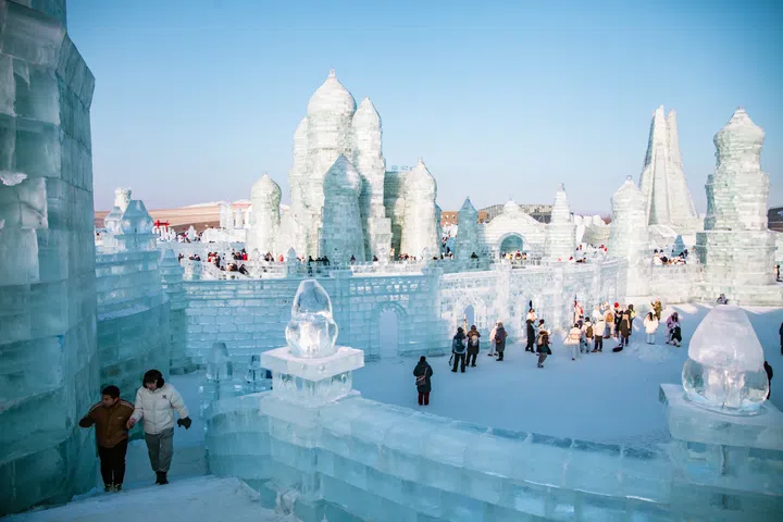 January 18th 2024, Harbin, China: Tourists walking around at the ice festival. Ice Festival is the most popular event during winter in Harbin, which is open to public and attracts tourists from all over China.
