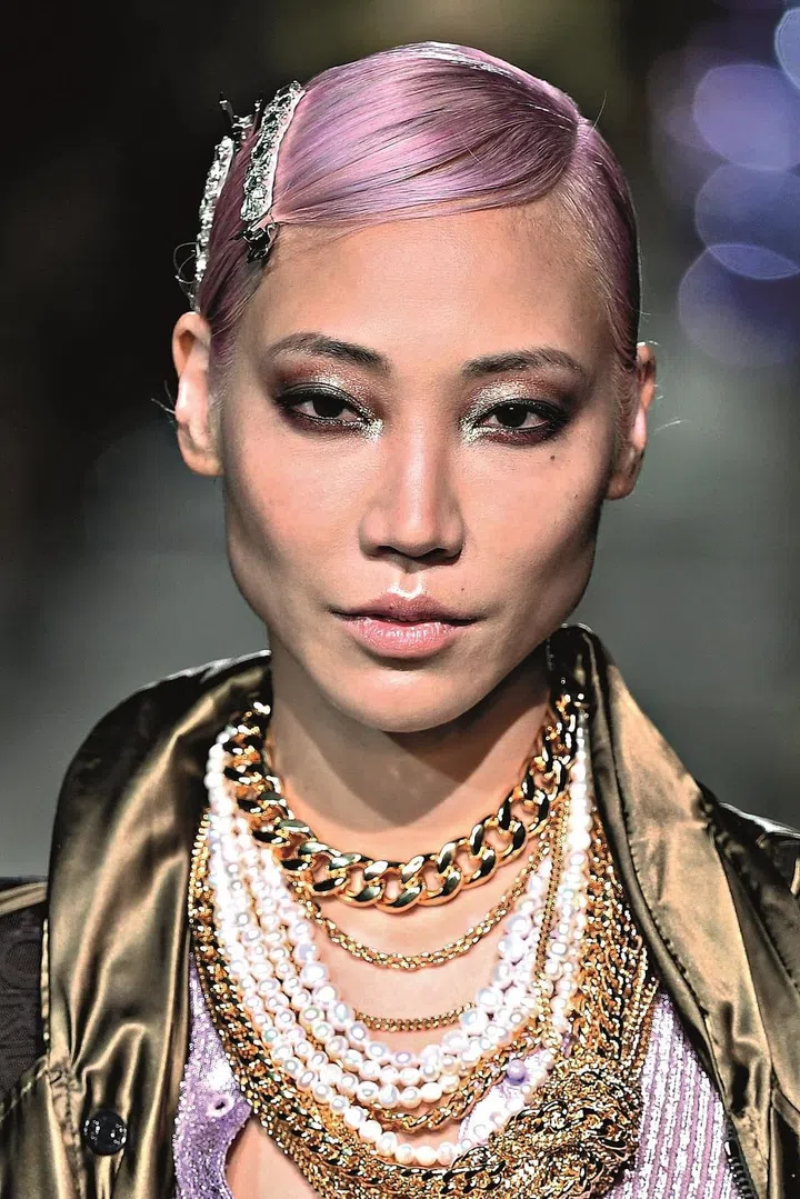 A model’s face, Beauty Close Up, at Tom Ford Spring Summer 2022 Women ready to wear Fashion Show on September 2021 in New York, USA