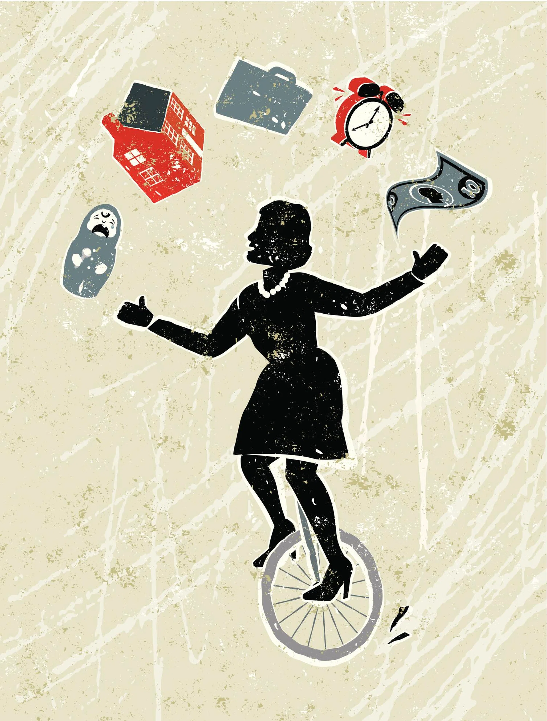 Work-life balance! A stylized vector cartoon of a woman juggling her responsibilities whilst riding a unicycle. Suggesting  -moving house,work-life balance, women's issues, multi-tasking, home finance, under pressure, time management, time pressure or strength.  Unicycle, woman, baby, house, clock, case, note, paper texture and background are on different layers for easy editing. Please note: clipping paths have been used,  an eps version is included without the path.