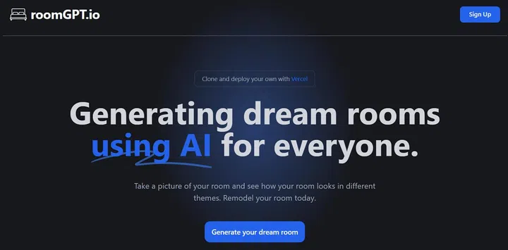 RoomGPT interior design artificial intelligence tool website homepage screengrab