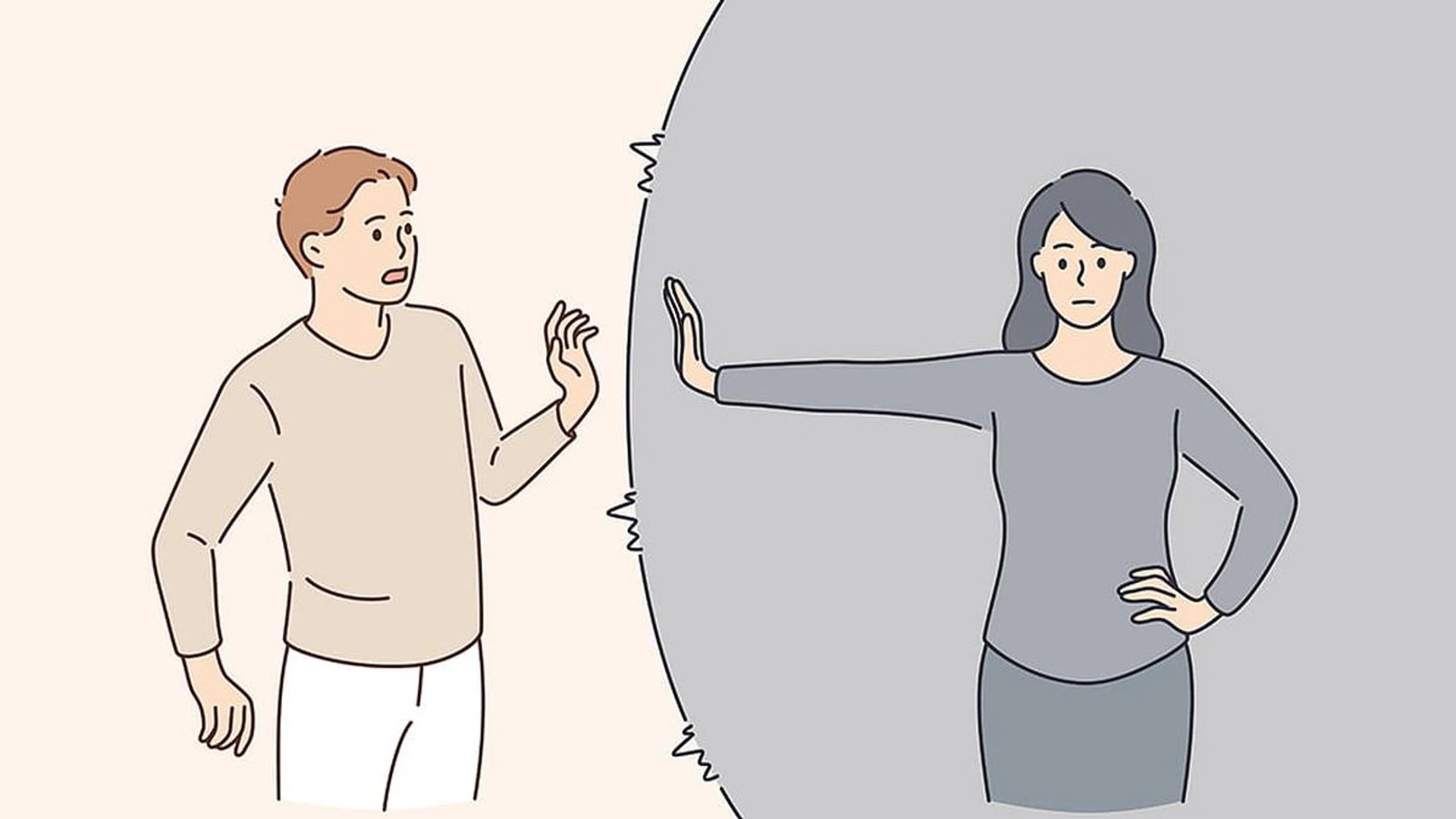 Defending personal boundaries and freedom concept. Young woman standing and feeling in capsule defending her own private personal boundaries from man vector illustration