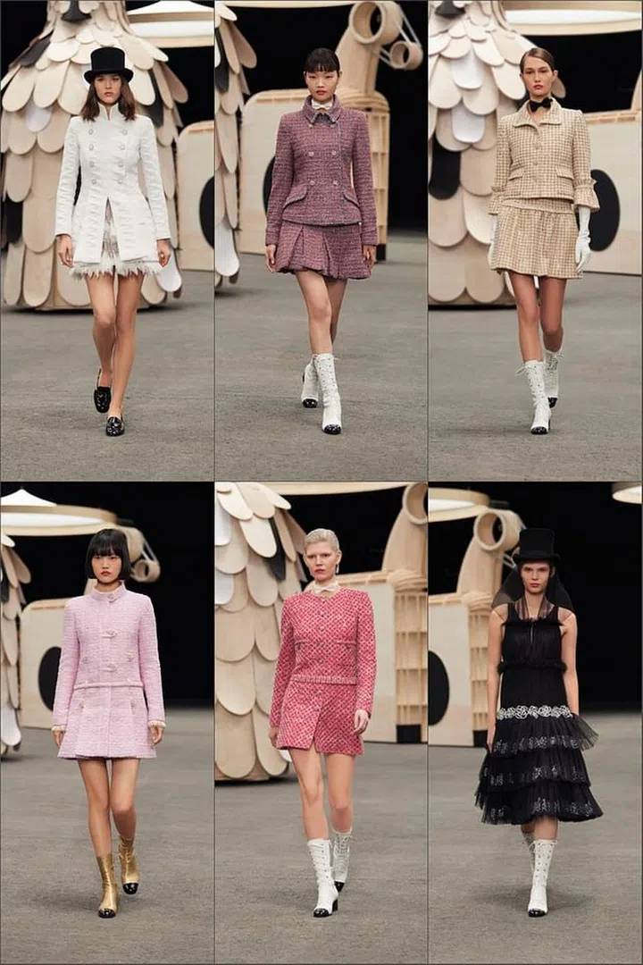 Flirty high hemlines, bowties, and boots are some of the touches that give the Chanel Spring/Summer 2023 Haute Couture collection a jolt of youthfulness. Credit: Chanel