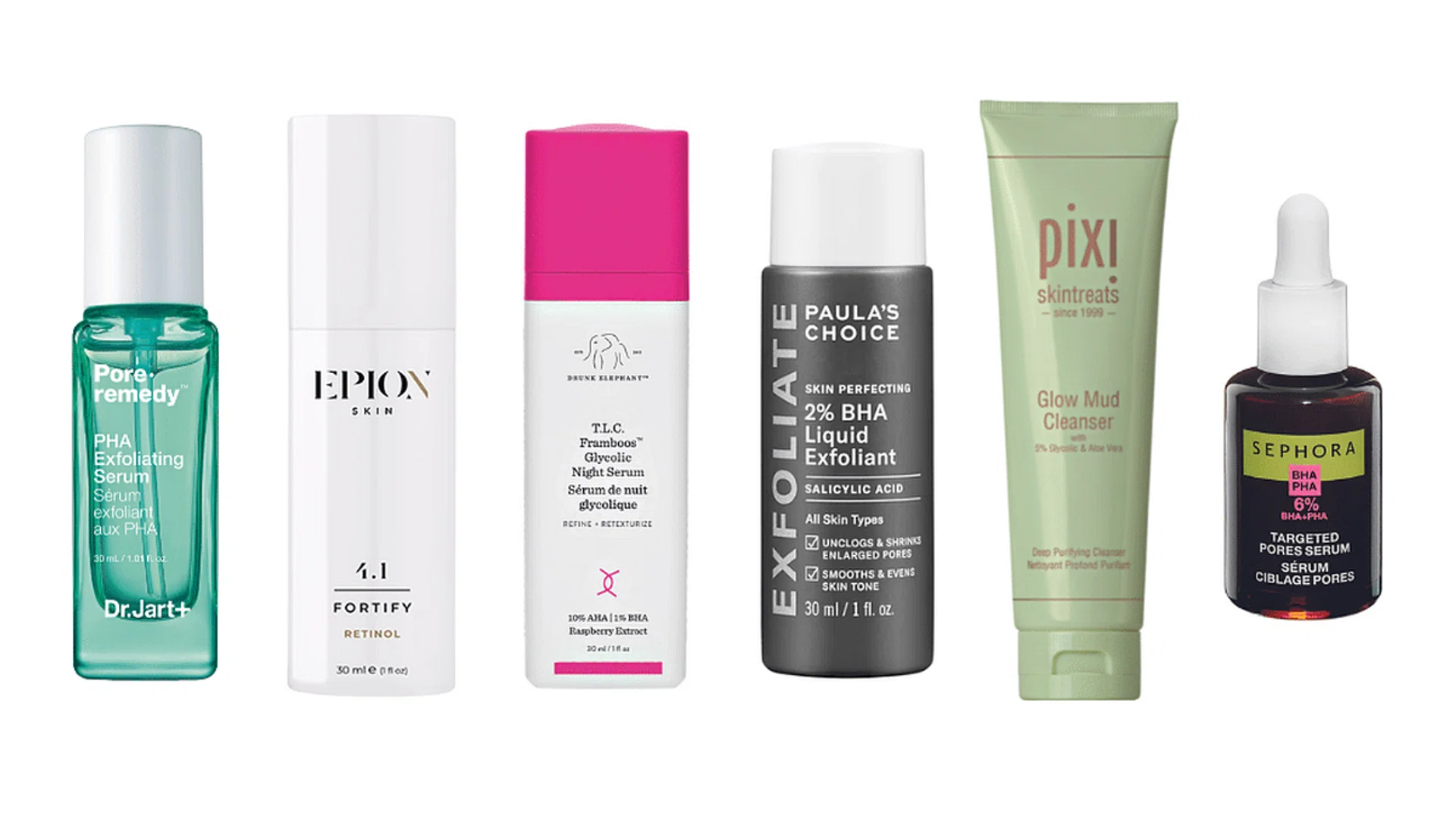 pore clarifying products from Dr.Jart+, Epion, Drunk Elephant, Paula's Choice, Pixi and Sephora