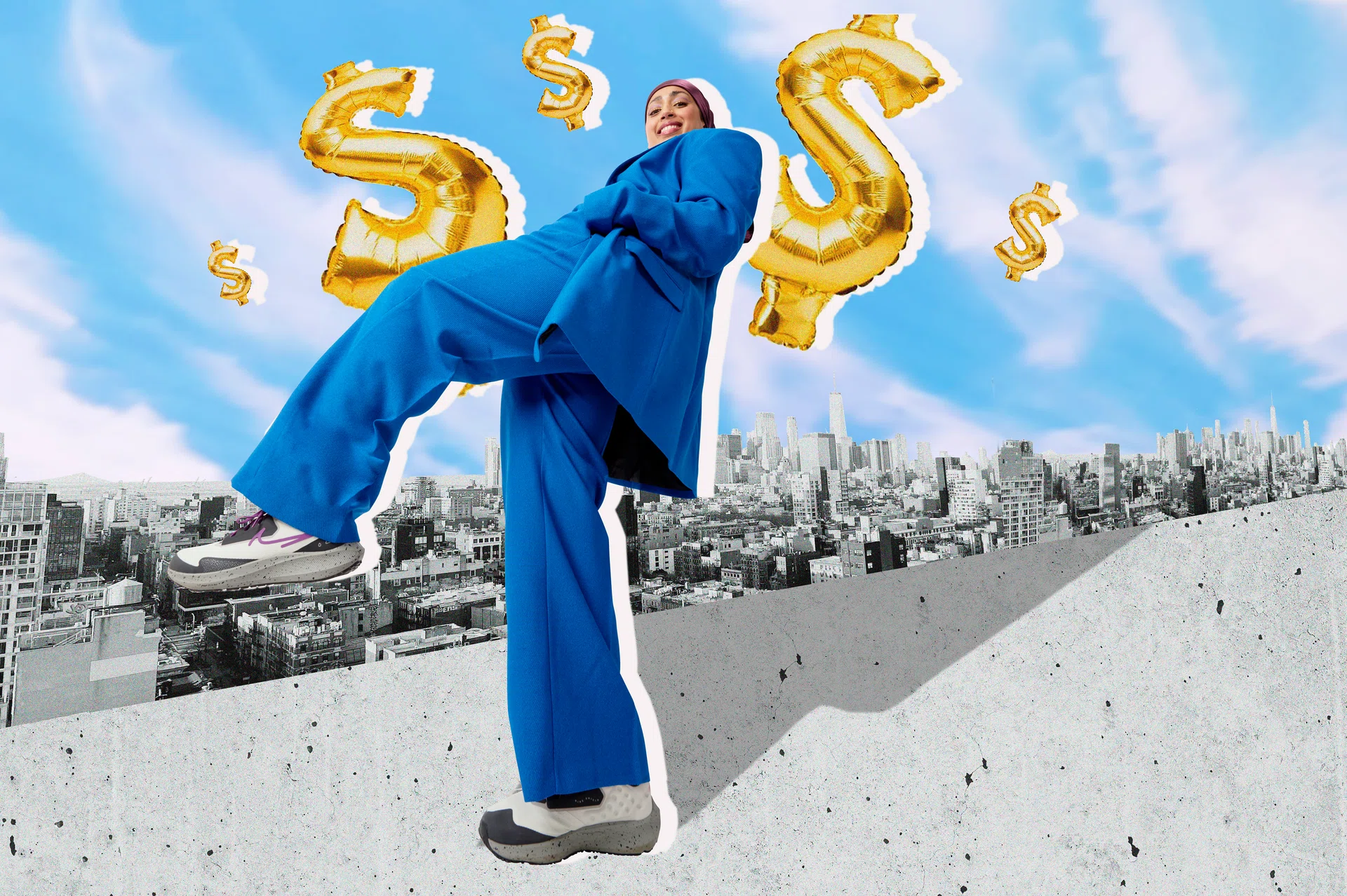 Collage of Business woman surrounded by financial symbols in the city