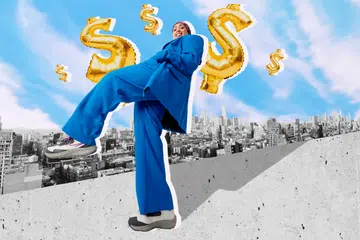 Collage of Business woman surrounded by financial symbols in the city