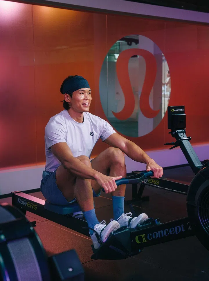 amotti doing the row ergs at the lululemon training ground in singapore
