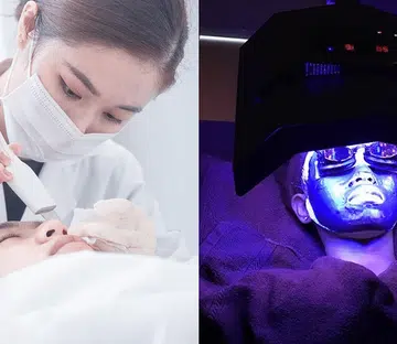 aesthetician doing a facial, and a woman doing an LED facial