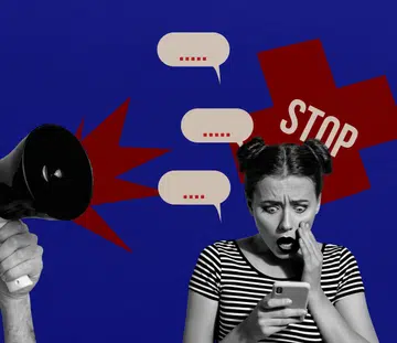 Composite trend artwork sketch image photo collage of poster stop harassment abuse cyberbullying loudspeaker young lady read mobile news.