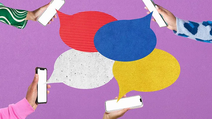Collage image using speech bubbles and smartphones to communicate an online conversation