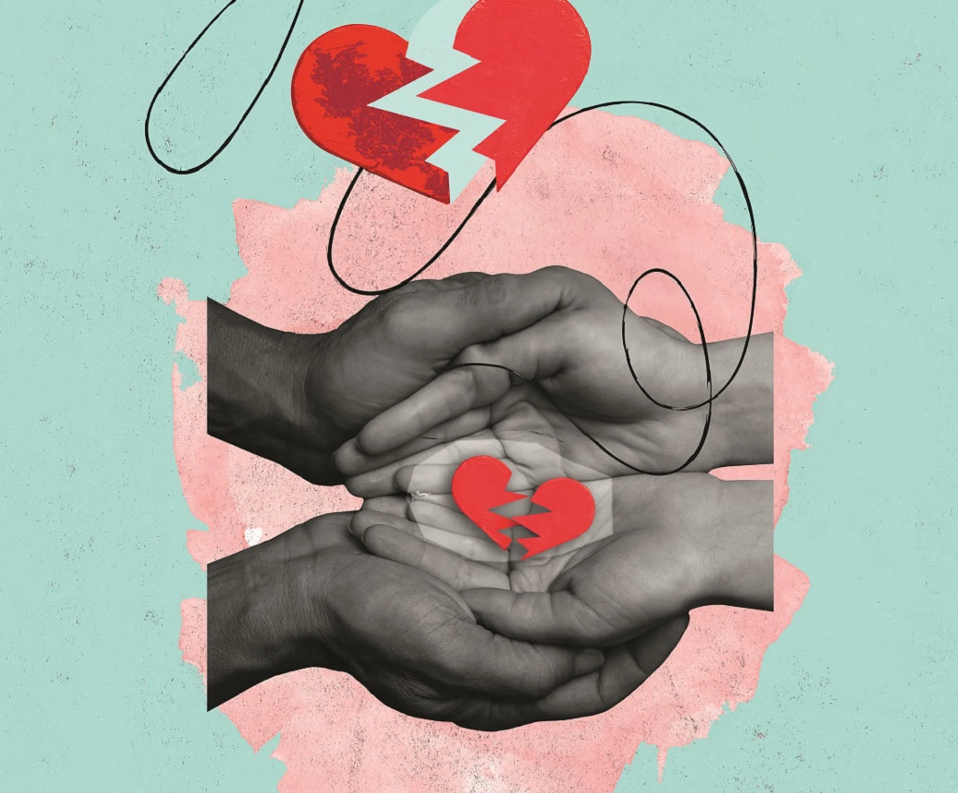 Poster. Contemporary art collage. Children and parents. Hands wrap around the hands from which cute red hearts fly out. Concept of love, Valentine's Day, feelings, holiday, manifestation of care.