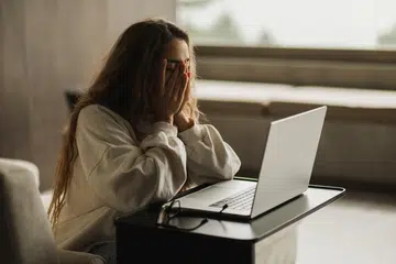 Mental health female problems and mood swings. Hard working as freelancer. Difficulties and problems in remote work. Young entrepreneur in bad condition.
