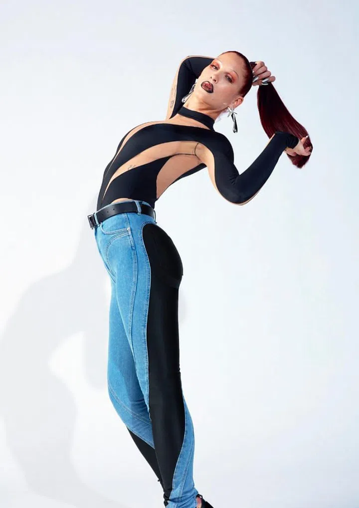 Panelled bodysuit and jeans from the Mugler H&M collection. Photo: H&M