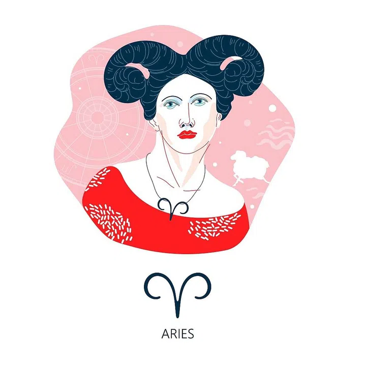 Aries zodiac sign. The symbol of the astrological horoscope. Vector illustration. Portrait of a girl.