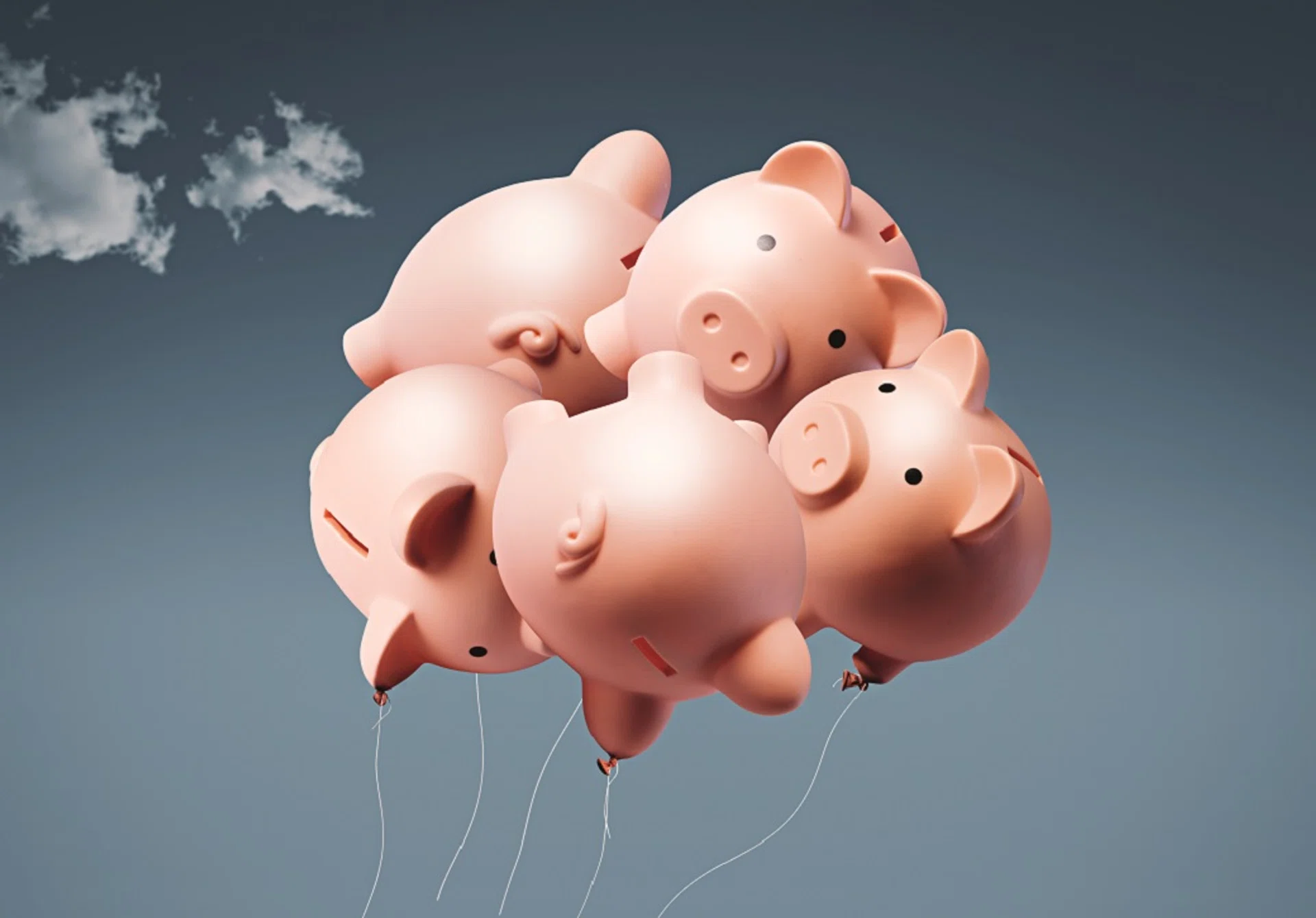 Balloon piggy banks flying away: inflation and high-risk investments concept