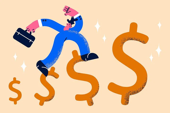 Increasing income, development, success concept. Businessman professional manager walking and jumping on growth golden dollar signs and feeling positive about financial raise vector illustration