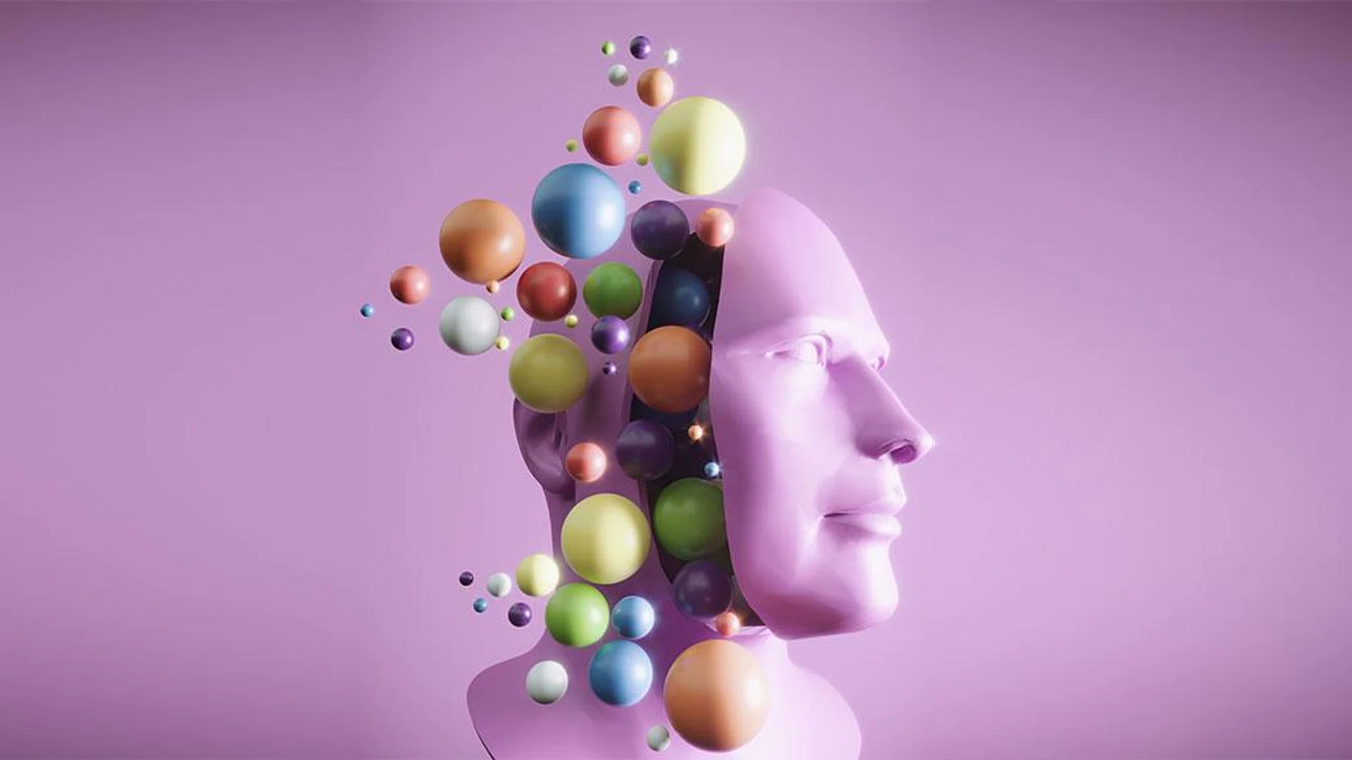 Flying spheres from sliced head, neurodiversity concept