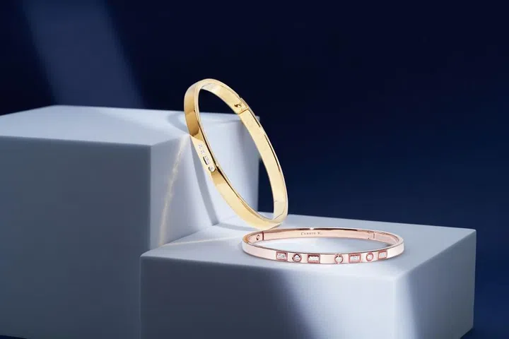 Bangles from the Code collection feature customisable diamond initials in Morse code. (Photo: Carrie K)