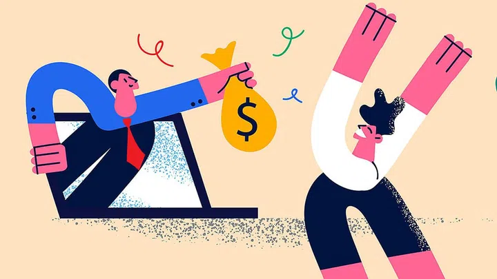 Earning in internet and e-commerce concept. Male from laptop monitor holding out bag of money dollars giving it to happy celebrating win man vector illustration
