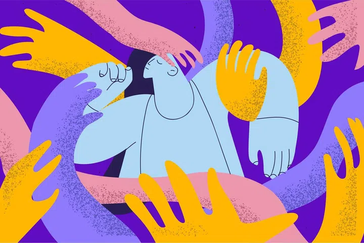 Manipulation, psychological influence, addiction concept. Young frustrated man cartoon character surrounded by giant creeping hands feeling influence and doubting what to choose which way to go