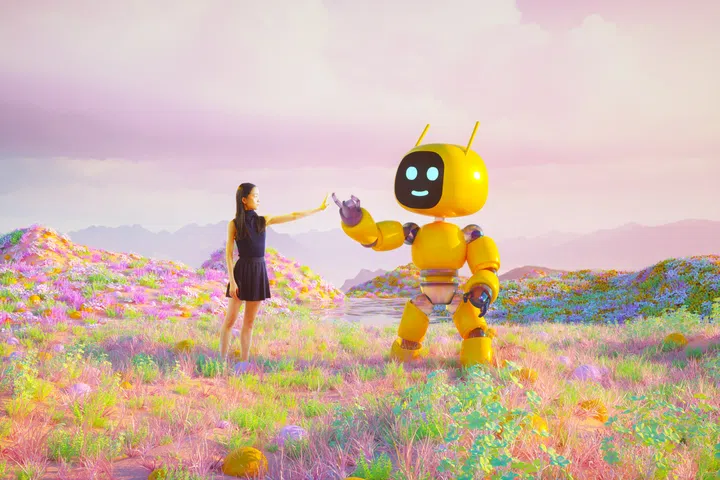 Digital generated image of young japanese woman touching abstract robot's hand standing on metaverse landscape. Metaverse  and artificial intelligence concept.