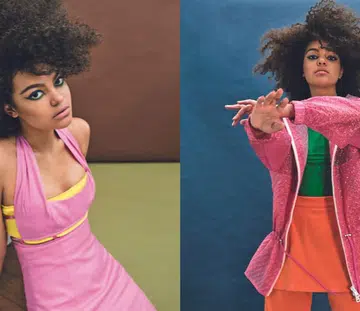 model wearing colourful clothing, in pink, yellow, green, orange