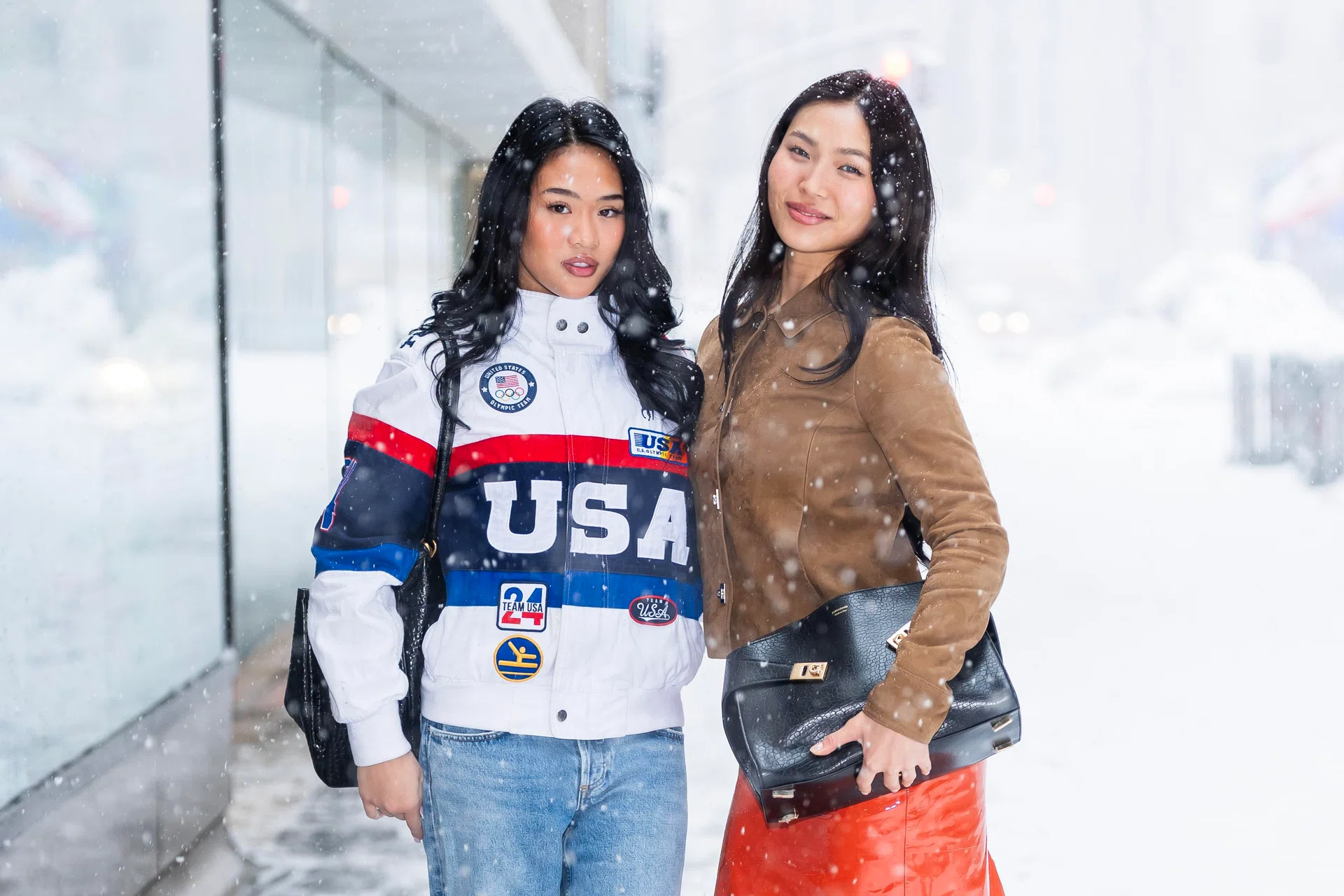 NEW YORK, NEW YORK - FEBRUARY 23: Sunisa Lee (L) and Chloe Kim are seen in Midtown on February 23, 2026 in New York City. (Photo by TheStewartofNY/GC Images)