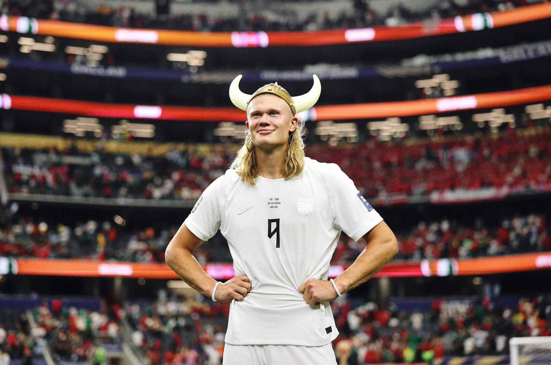 ARLINGTON, TEXAS - JUNE 30: (EDITOR'S NOTE: Tonal effects have been applied to this image) Erling Haaland #9 of Norway wears a viking helmet following their 2-1 win during the FIFA World Cup 2026 Round Of 32 match between Cote d'Ivoire and Norway at Dallas Stadium on June 30, 2026 in Arlington, Texas. (Photo by Julian Finney - FIFA/FIFA via Getty Images)