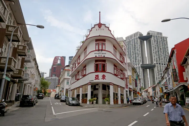 Potato Head at Keong Saik Road, 17 May 2016. Keong Saik Road in Chinatown is lauded for its “beautiful colonial and art-deco buildings”. In the background is Pinnacle＠Duxton.
