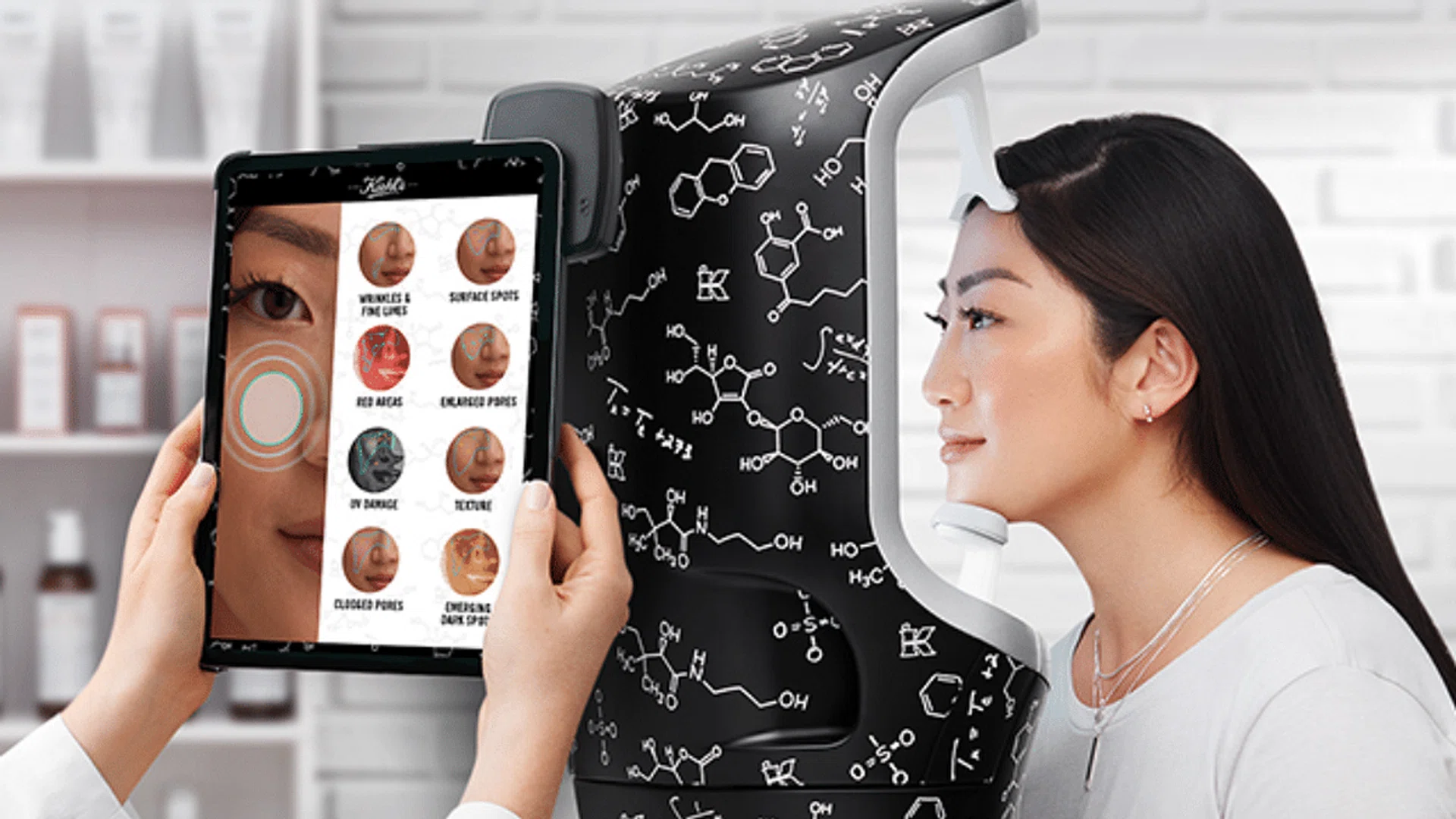 woman putting her face in a machine to test her skin health
