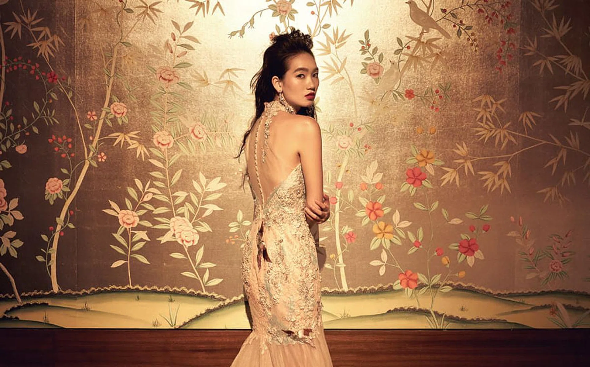 Embroidered lace cheongsam with organdie skirt, Emanuel B. Couture