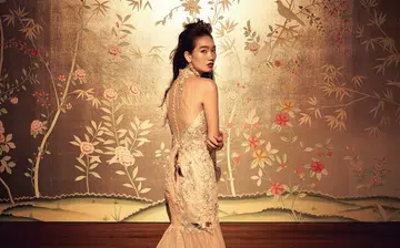 Embroidered lace cheongsam with organdie skirt, Emanuel B. Couture