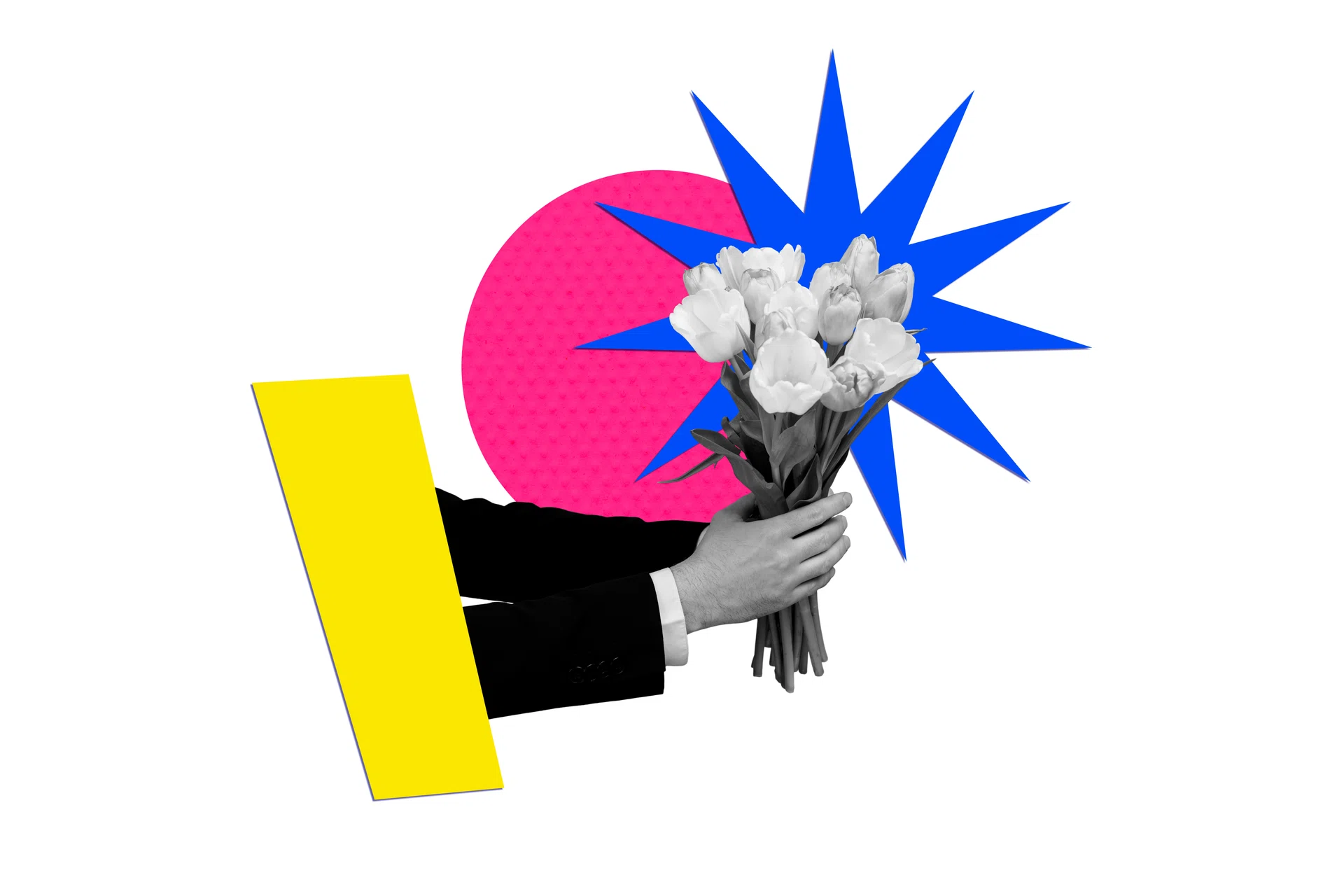 Creative retro 3d magazine collage image of arms holding beautiful bouquet isolated white color background.
