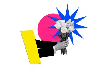 Creative retro 3d magazine collage image of arms holding beautiful bouquet isolated white color background.