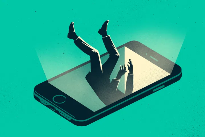An illustration shows a person falling into the screen of a smartphone, symbolizing the concept of being absorbed or trapped by digital devices. The background is a calming teal, contrasting with the dramatic action of the figure being engulfed by the phone.