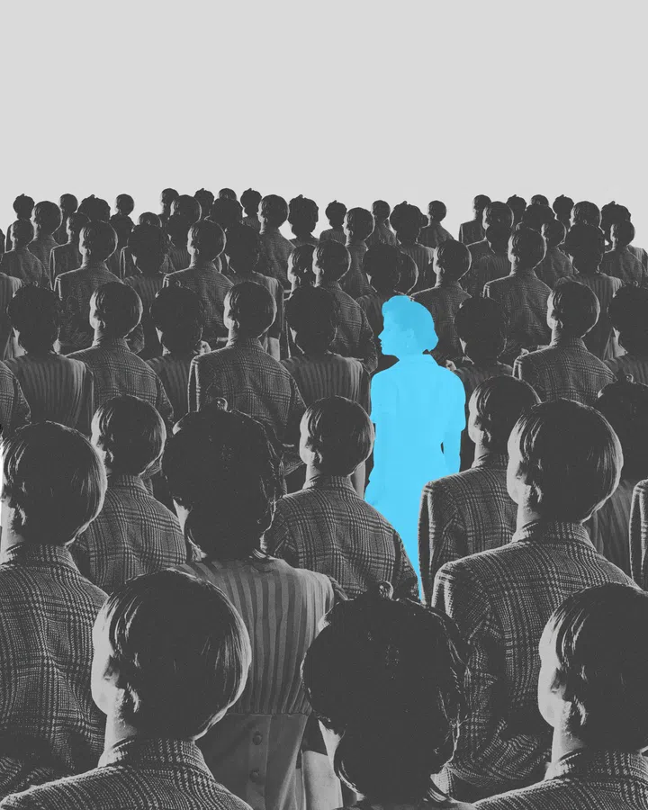 Blue silhouette pf person standing in monochrome crowd of different people. Conceptual design. Individualism in modern society. Concept of psychology, loneliness in society, difference
