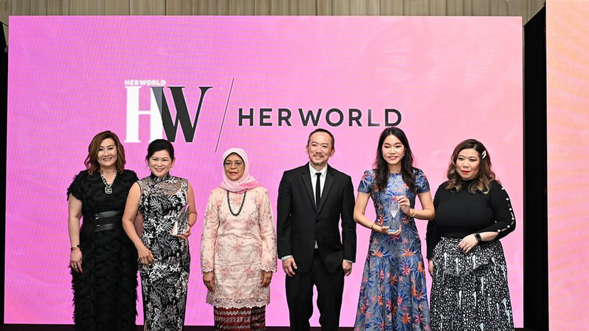 From left to right: Joanna Lee, Publishing Director for Lifestyle Media, SPH Media; Ng Gim Choo, founder and chairwoman of EtonHouse; President Halimah Yacob; Ignatius Low, Editor-in-Chief for Lifestyle and Entertainment Media, SPH Media; Amanda Chong, lawyer, playwright and poet; Elizabeth Lee, Editor-in-Chief of Her World
