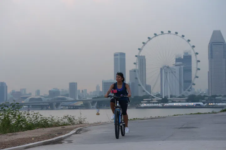 ST journalist Nabilah Said cycling on the new East Coast Park extension on 22 April 2015. The East Coast Park Area A extension allows runners and cyclists to travel all the way from the beach to the Marina Bay area without having to go on a major road.