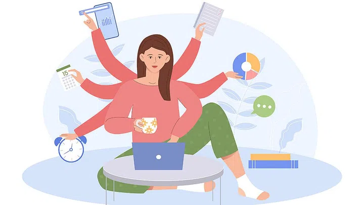 Young business woman with multitasking skills sitting at her laptop holding office icons. Office worker or freelancer. Time management, Multitasking, productivity concept. Flat cartoon vector design