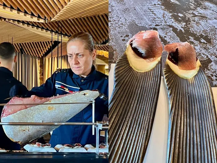Sea ham — aged tuna belly — served at three-Michelin-star Aponiente in southern Spain as a dessert with chocolate marshmallows. (Photos: Victoria Burrows)
