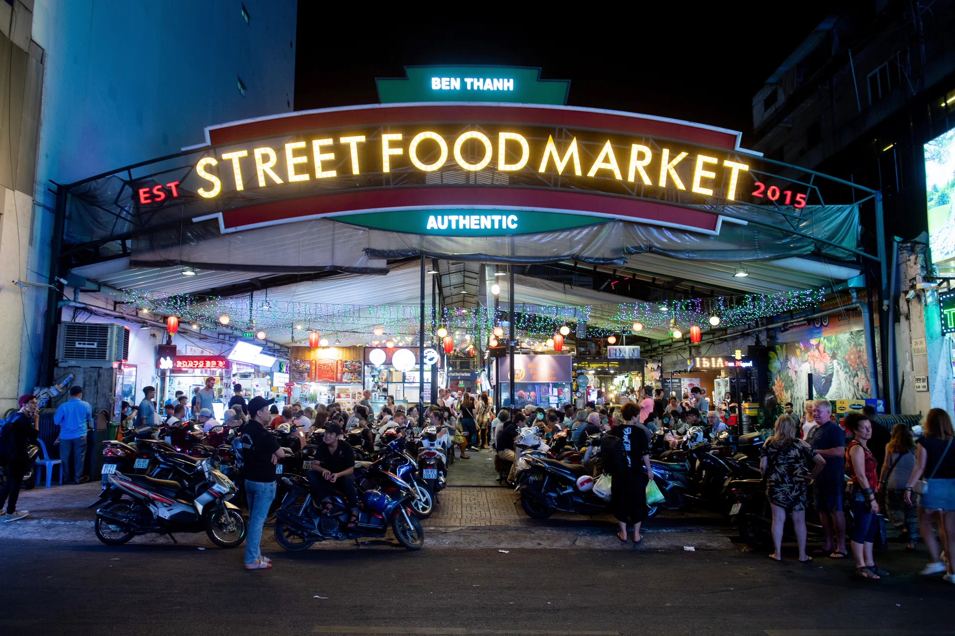 Vietnam, Ho Chi Minh City: atmosphere in the evening at the Ben Thanh Street Food Market. (Photo by: Rambaud /Alpaca /Andia/Universal Images Group via Getty Images)