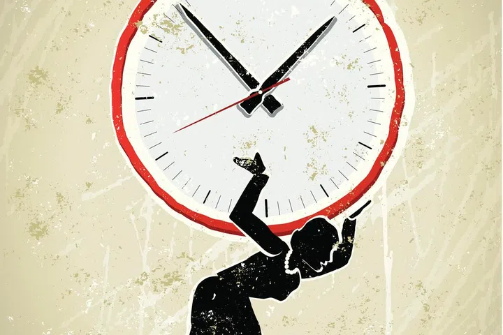 Atlas Saving Time!A stylized vector cartoon of a business woman carrying a clock on her back. Reminiscent of an old screen print poster and suggesting time, save time, body clock,saving, deadline, time management, time management, efficiency or speed. Man, clock, piggy bank, clock, paper texture, and background are on different layers for easy editing. Please note: this is an eps 10 illustration and clipping masks have been used.