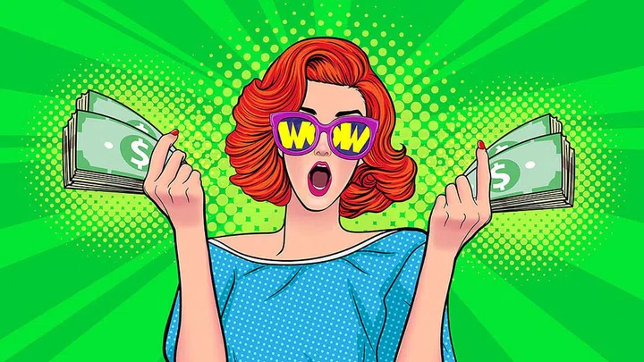 success woman surprised WOW in sunglasses and show lot of money in hands in Pop Art Comic Style