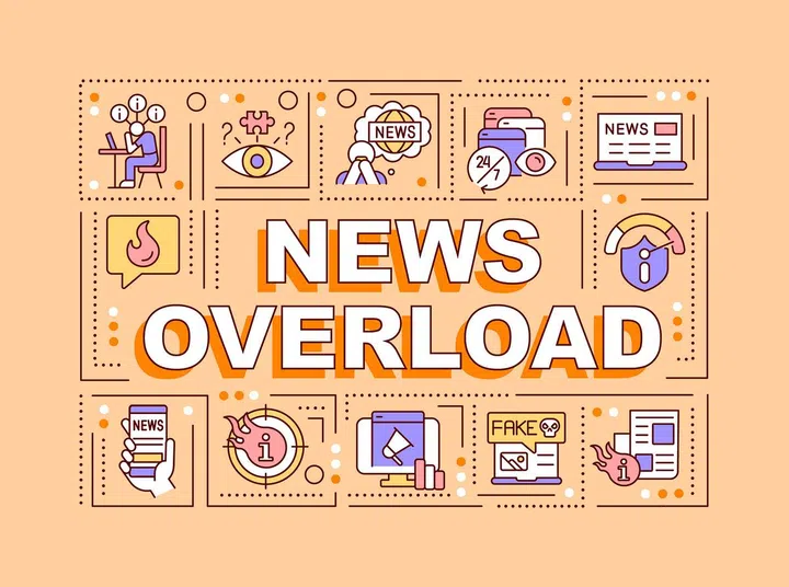 News overload word concepts orange banner. Information consumption. Infographics with editable icons on color background. Isolated typography. Vector illustration with text. Arial-Black font used