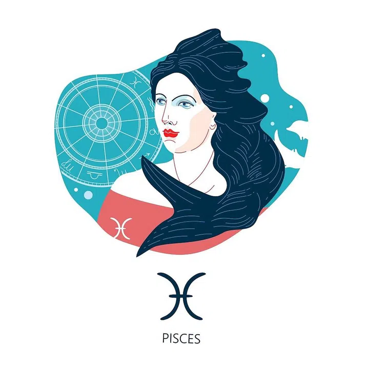Pisces zodiac sign. The symbol of the astrological horoscope. Vector illustration. Portrait of a girl.