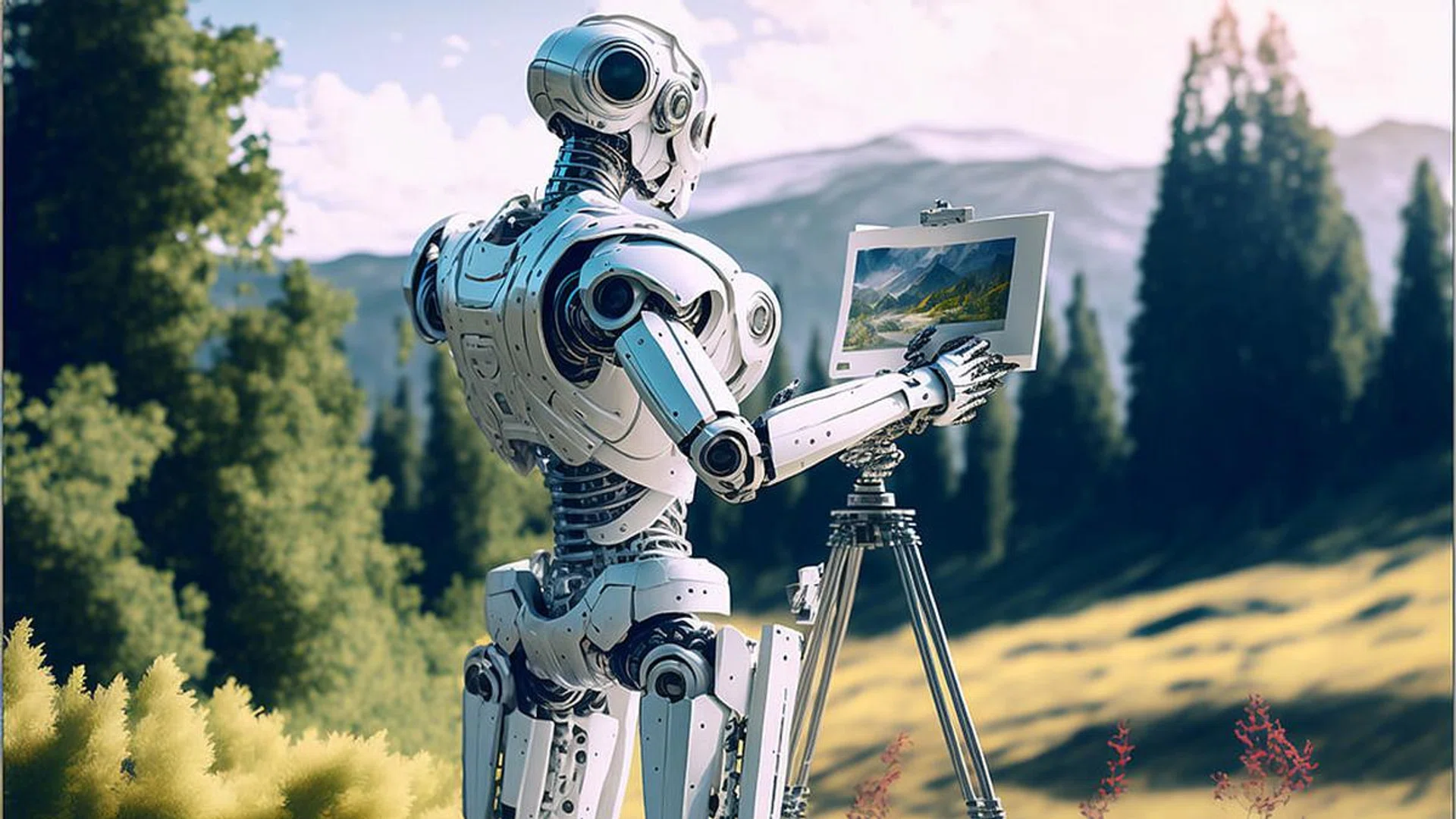 An artificial Inteligence, humaniod robot creating images, futuristic concept.