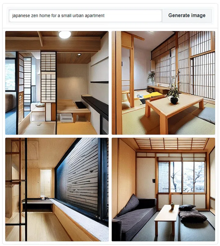 Screengrab of japanese inspired urban apartment homes on Stable Diffusion artificial intelligence website